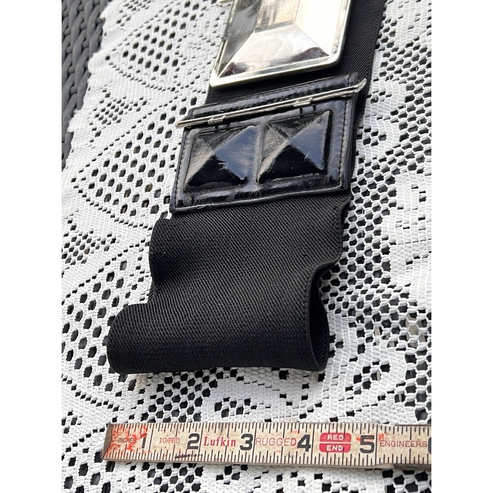 Vintage 1980s Wide Elastic Waist Belt Silver Geometric Buckle Black Patent Glam - Picture 7 of 8